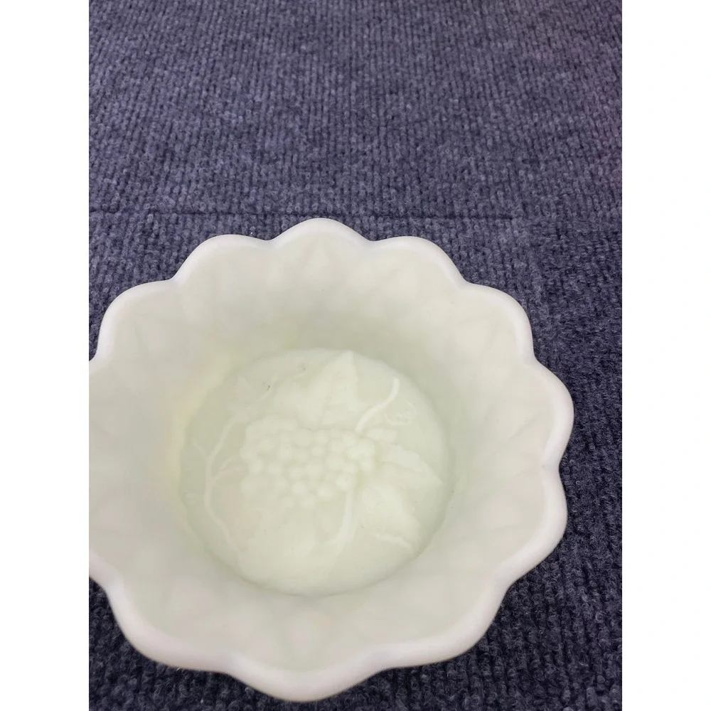 Vintage Uranium Custard Glass Scalloped Bowl Grape Pattern UV Glow 4.5 Inch